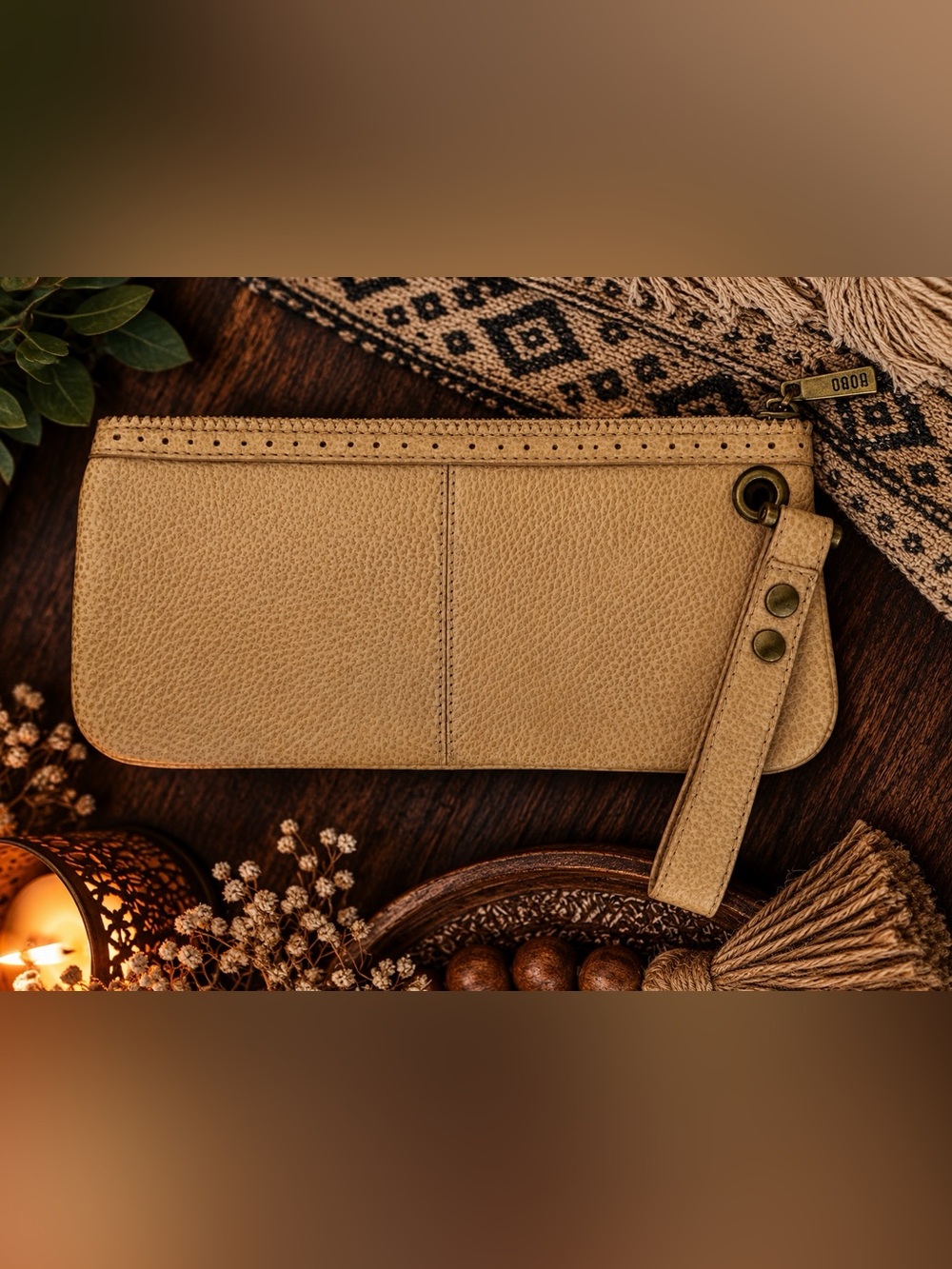 HOBO International Tan Pebbled Leather Wristlet Wallet Clutch